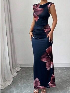 SHEIN Black Red Floral Maxi Dress Size Large Spring wedding guest dress